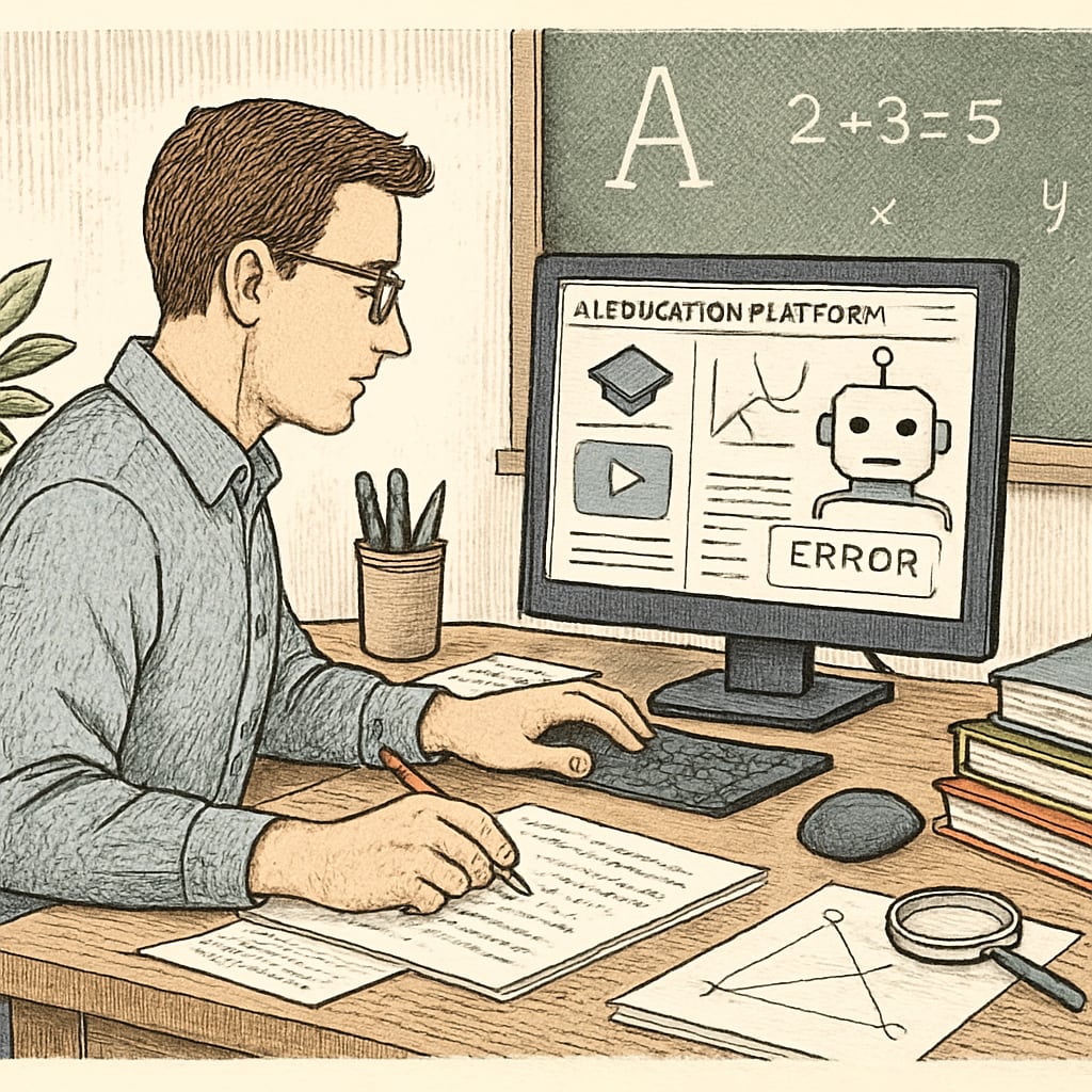A teacher troubleshooting an AI-enabled educational platform on a computer, highlighting technical challenges. A teacher dealing with the challenges of integrating AI in education platforms.
