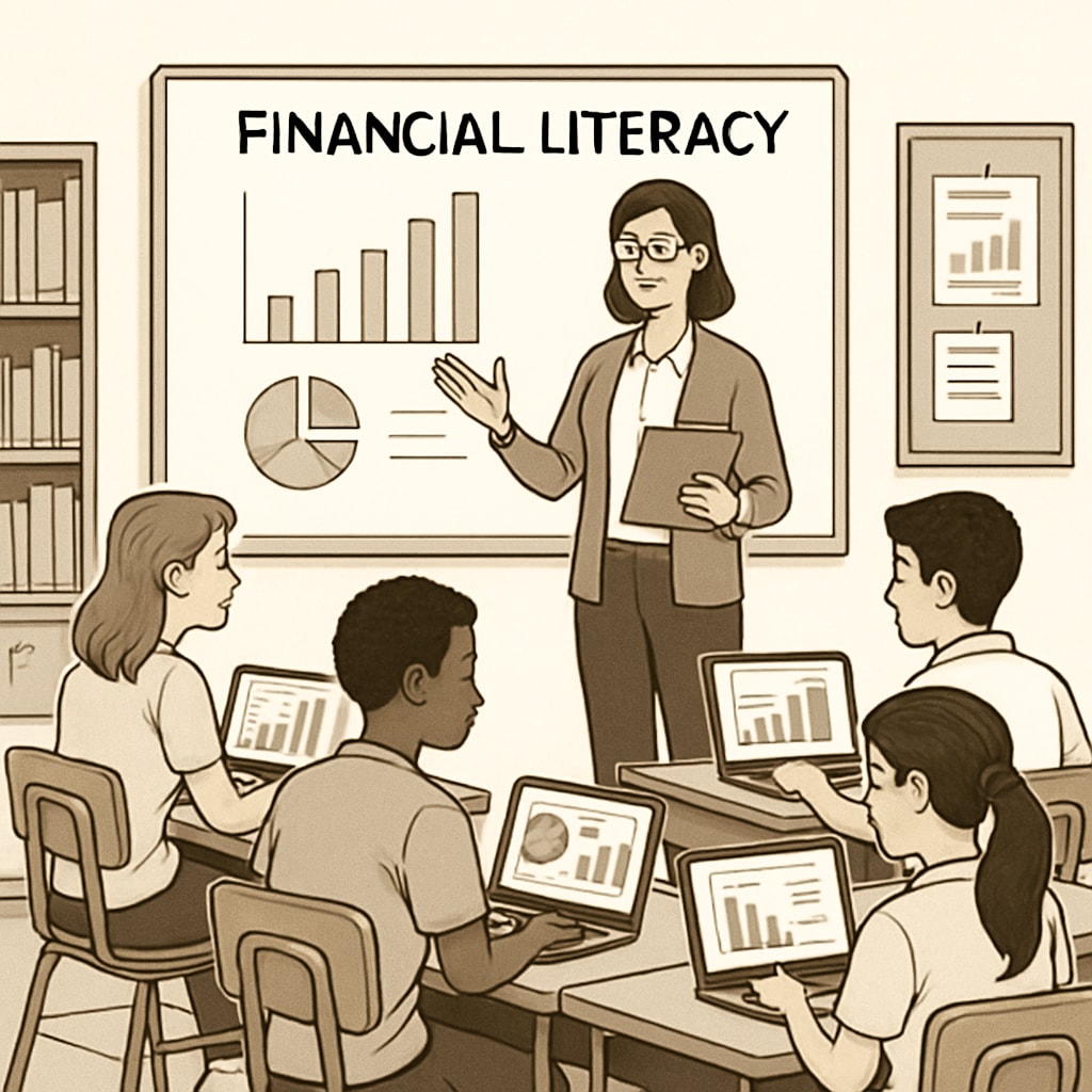 A classroom of high school students learning financial literacy with a teacher guiding them through data analysis on laptops. High school students learning business analytics and financial literacy