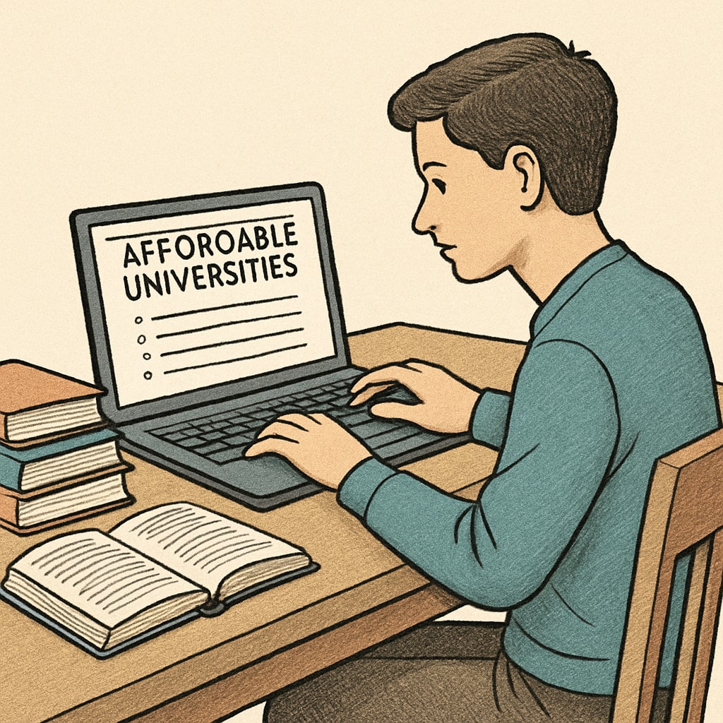 A student sitting at a desk with books and a laptop, researching affordable universities online. Student researching low-cost universities online with AS-level qualifications.