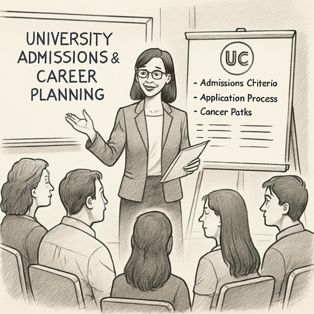 UC career counselor advising families on university and career planning.