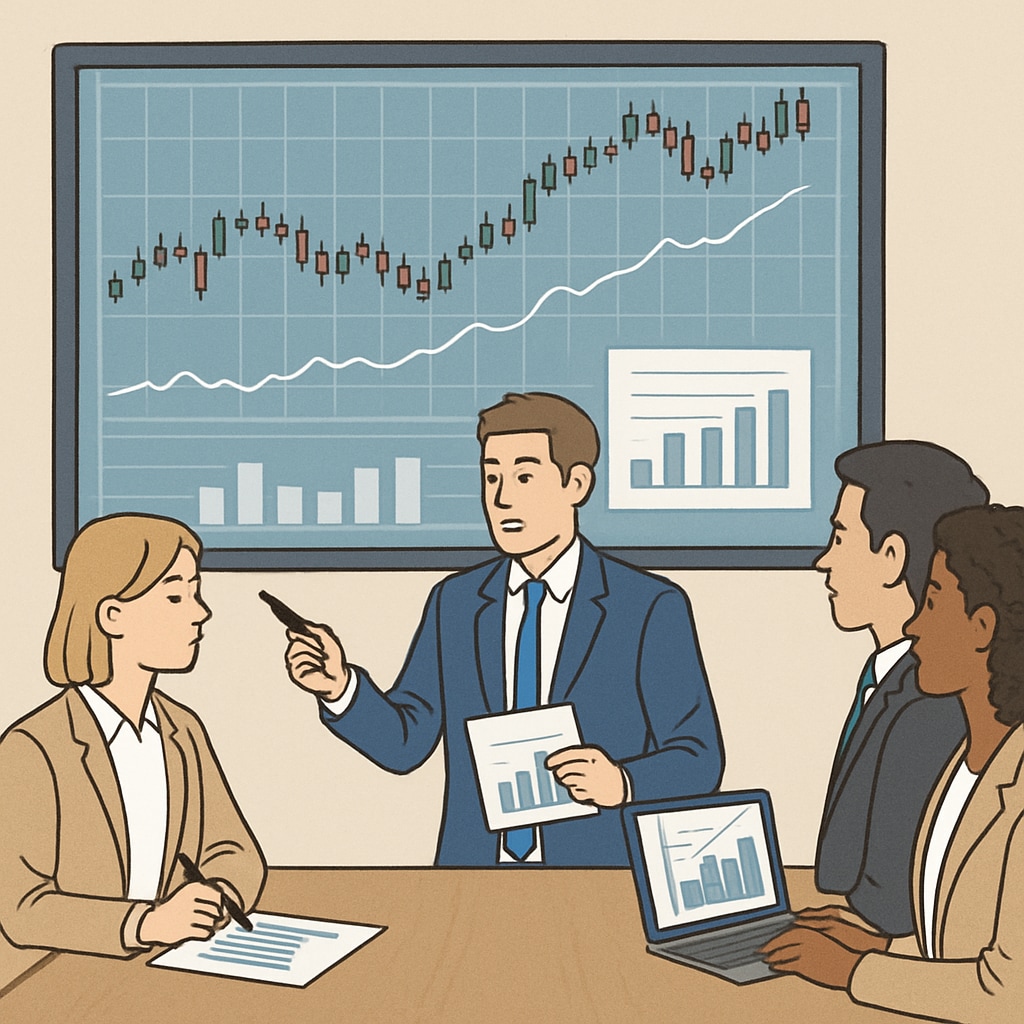 A professional team analyzing financial data charts on a digital screen during a business meeting. Professionals reviewing financial data and analytics in a meeting