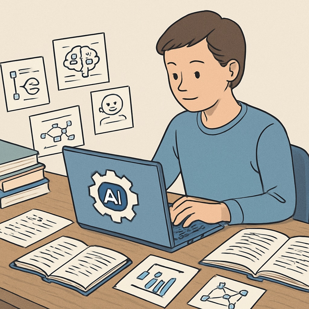 A student using multiple AI tools on a laptop, with books and study notes around. Student utilizing AI subscription services for academic assistance and study.