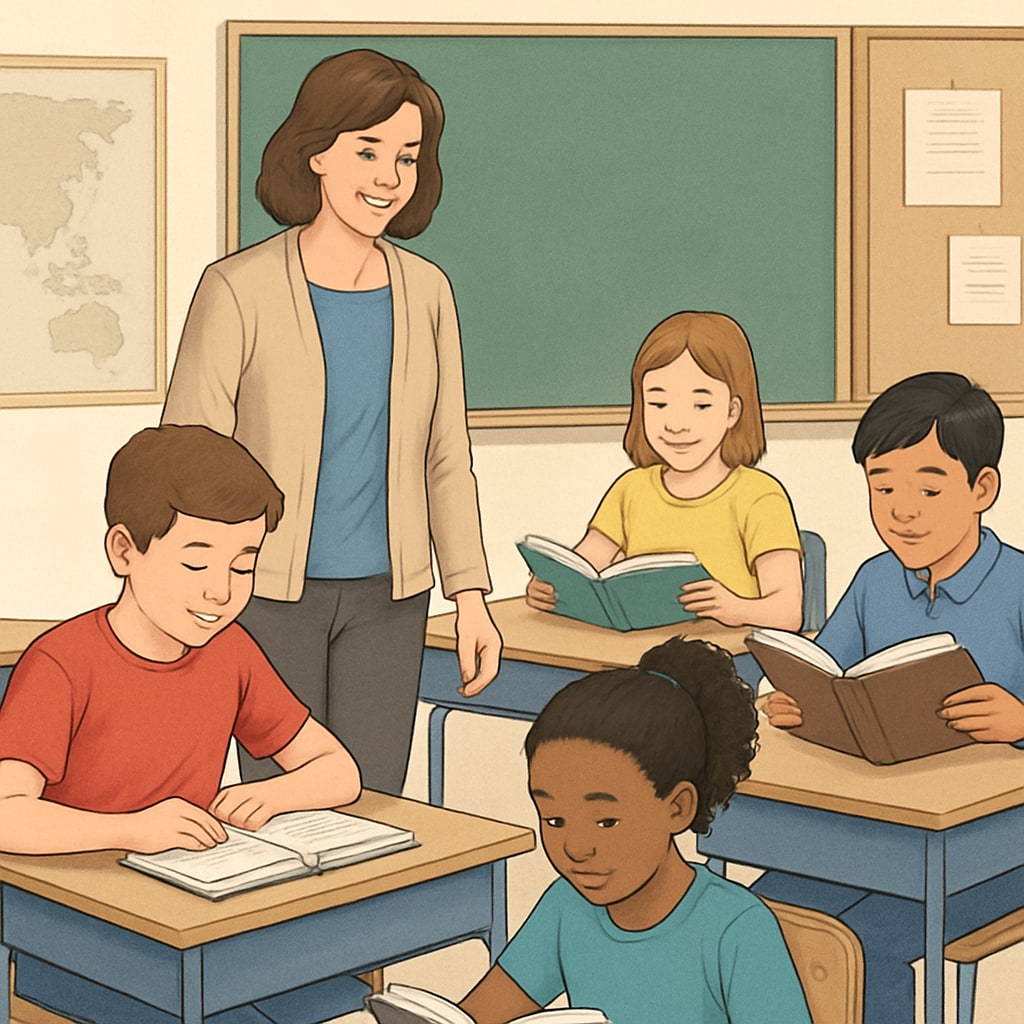 A classroom setting with students actively engaging in reading activities, guided by a teacher. A classroom setting showcasing effective ELA teaching modules and structured reading approaches.