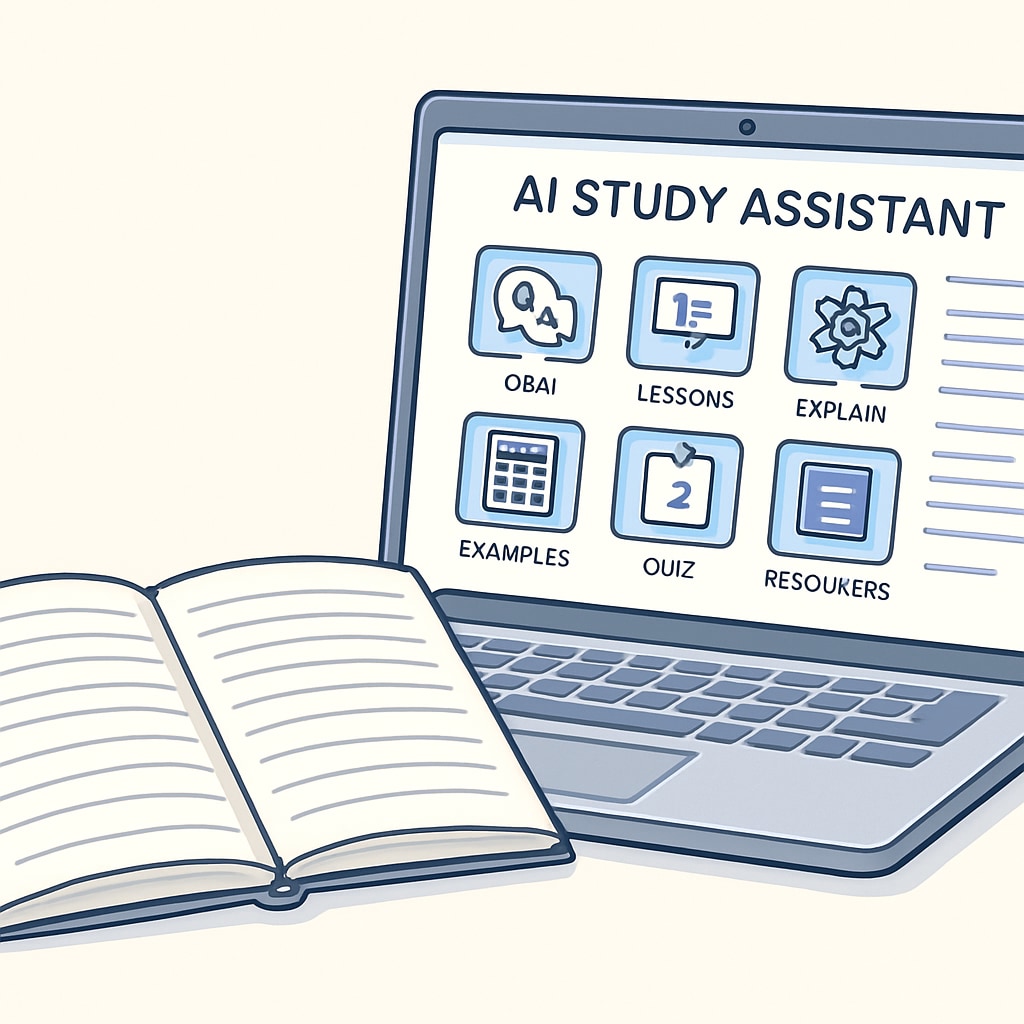 An open notebook beside a laptop screen displaying an AI-powered study assistant. AI-powered academic assistant helping with study notes and tasks.