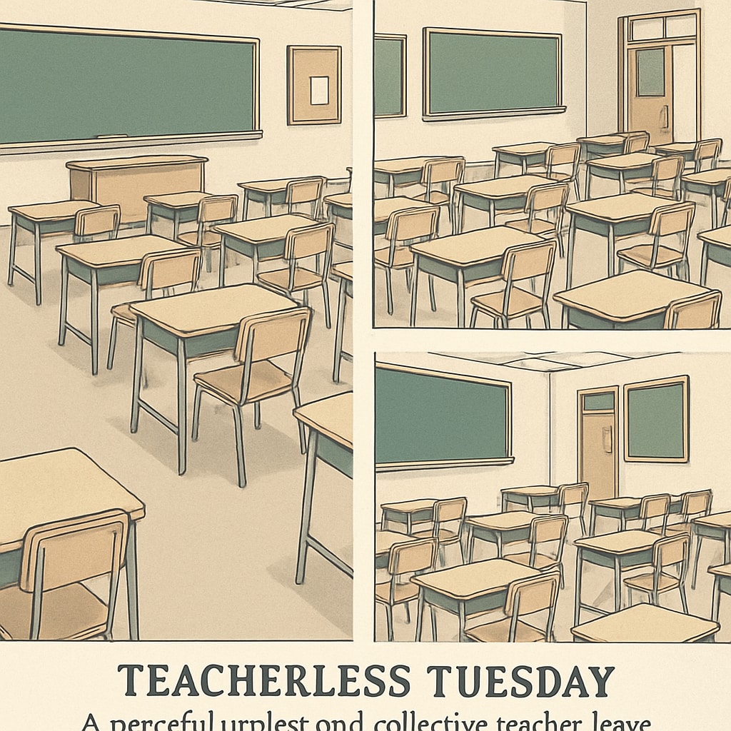 A group of empty classrooms in a school, symbolizing Teacherless Tuesday protest and collective teacher leave. Empty classrooms representing Teacherless Tuesday,教师抗议,集体请假(英文).