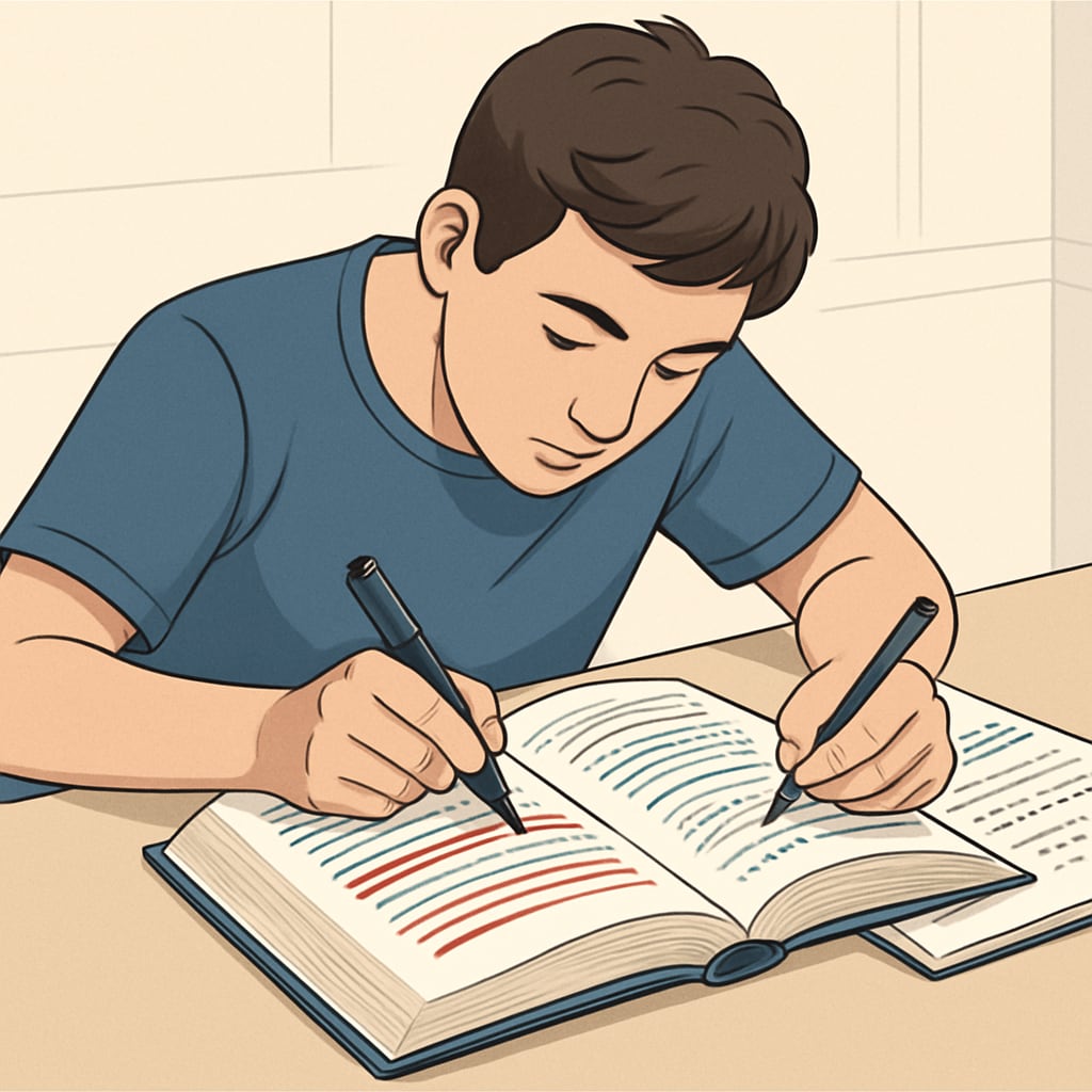 A student annotating a book with highlighted passages and detailed notes in the margins, emphasizing active reading techniques. A student engaged in reading comprehension strategies, highlighting and annotating a text.