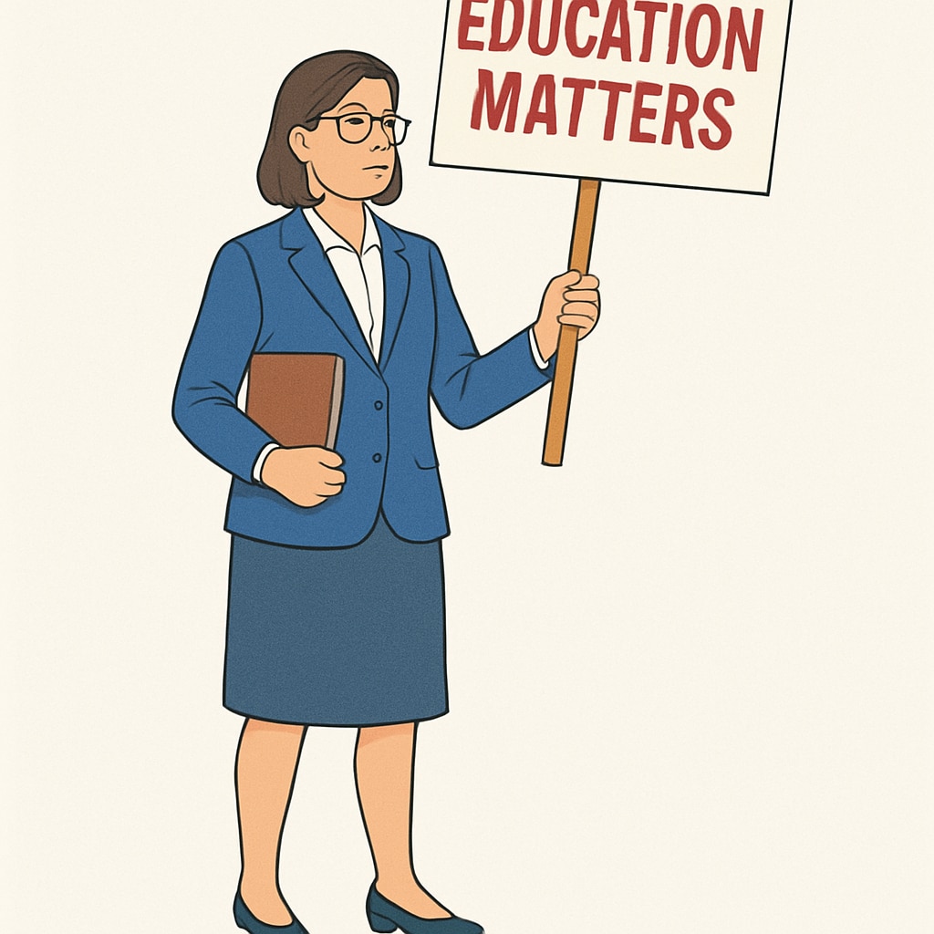A teacher holding a protest sign that reads A protest sign showing support for Teacherless Tuesday,教师抗议,集体请假(英文).