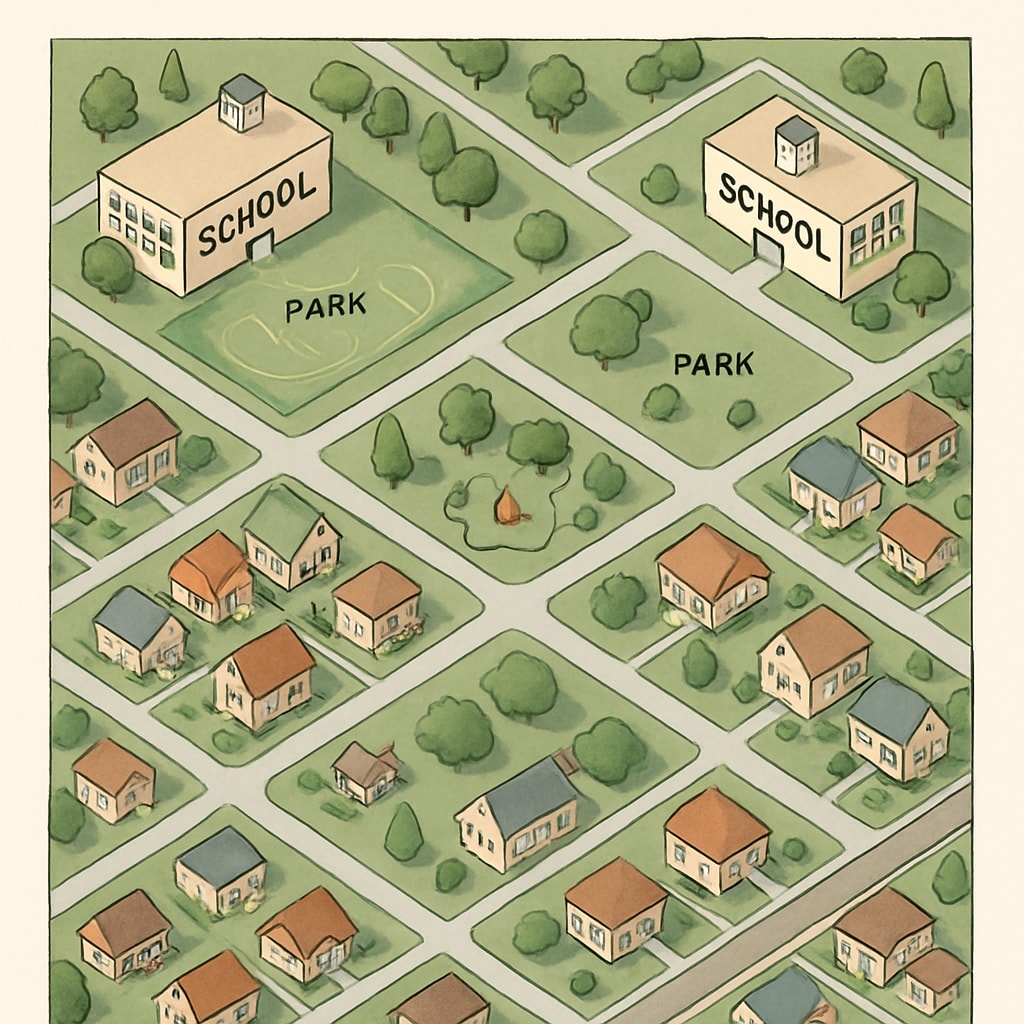 Aerial view of a suburban neighborhood with schools and houses, showcasing the connection between school districts and residential areas. Suburban neighborhood connected to school district rankings and property value.