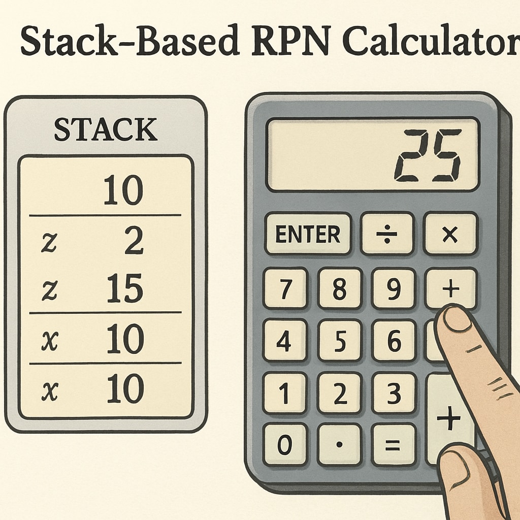 A stack-based RPN calculator in use, showing numbers entered sequentially followed by operations. RPN calculator stack-based input method for logical math computation