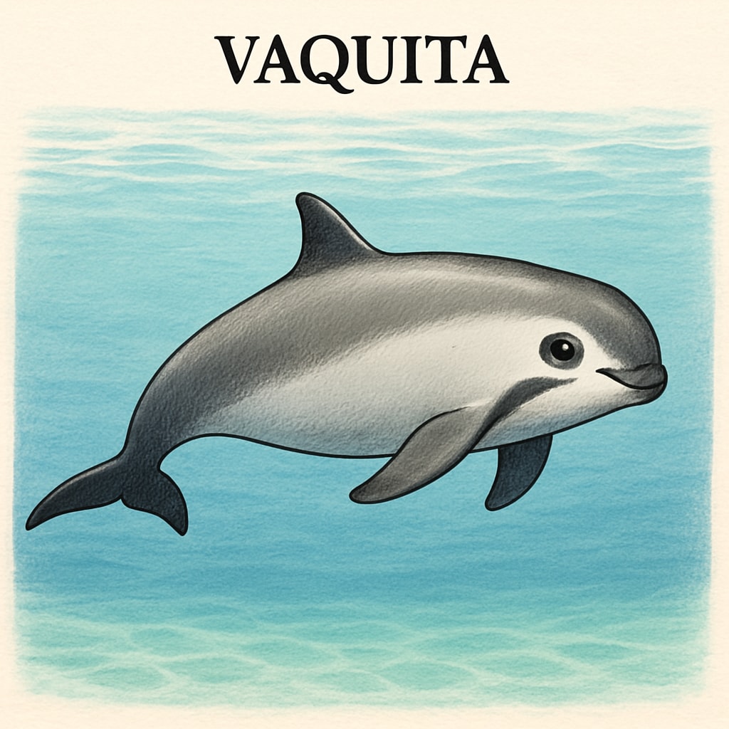 An illustration of a Vaquita swimming in its natural habitat, emphasizing its small size and unique physical features. Vaquita in natural marine habitat, key example in species classification.