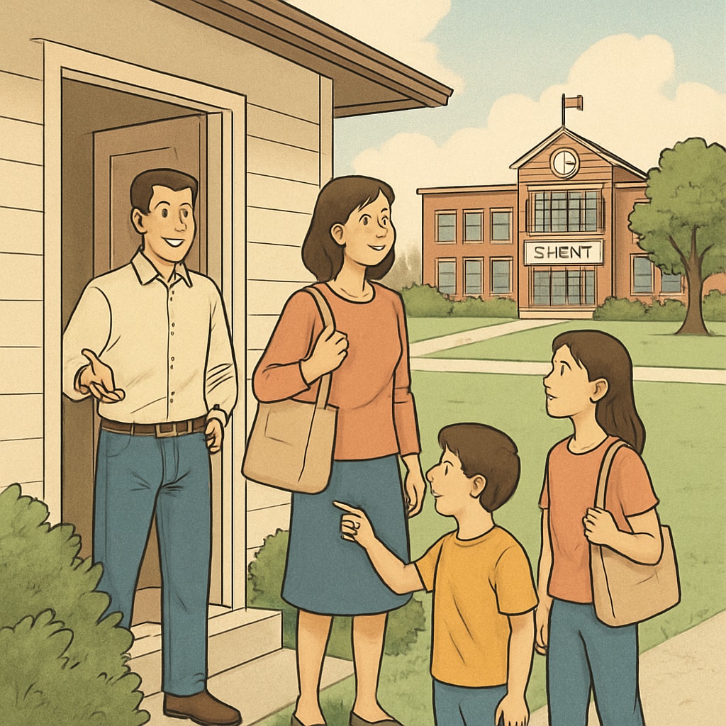 A family touring a house near a top-ranked school, illustrating the process of balancing education and real estate decisions. Family exploring real estate options near top-ranked schools.