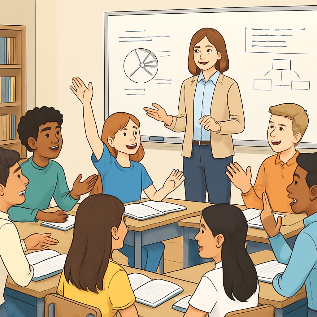 A lively classroom where students are actively engaged in discussion, showcasing the importance of an orderly and focused learning environment. Classroom showcasing active student engagement and organized learning.