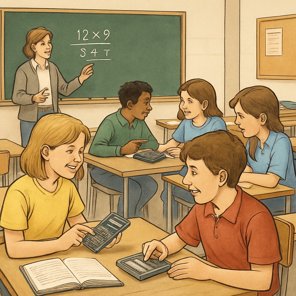A classroom setting where students use RPN calculators during a math lesson, fostering collaborative learning. Students using RPN calculators to enhance math learning in a collaborative environment