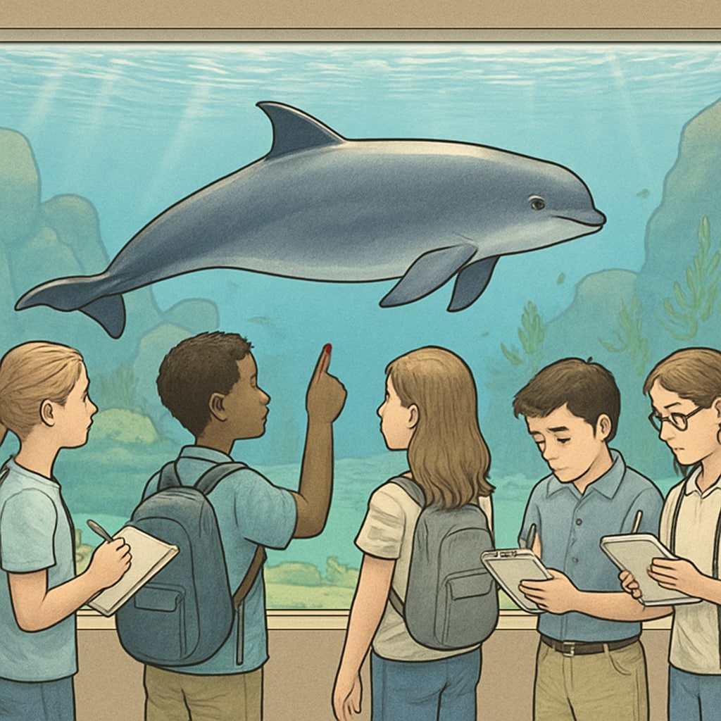 Students observing a porpoise exhibit during an educational field trip, demonstrating engagement with marine biology. Students engaged in learning about porpoises and marine ecosystems.