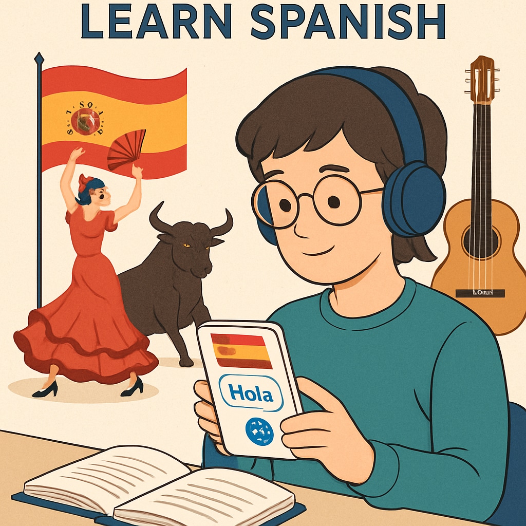 Student using a language app with Spanish cultural symbols, showcasing language learning.