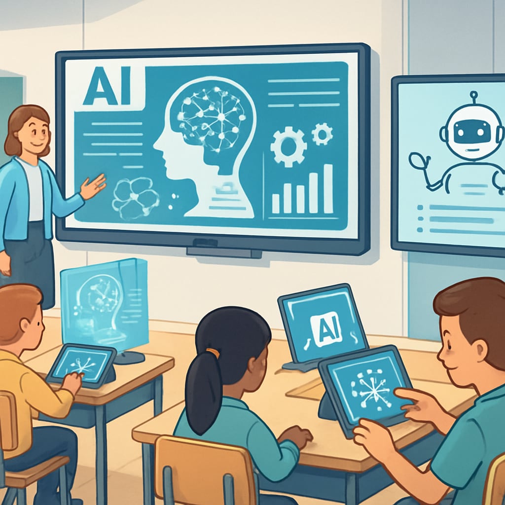 AI-powered learning tools in a modern classroom.
