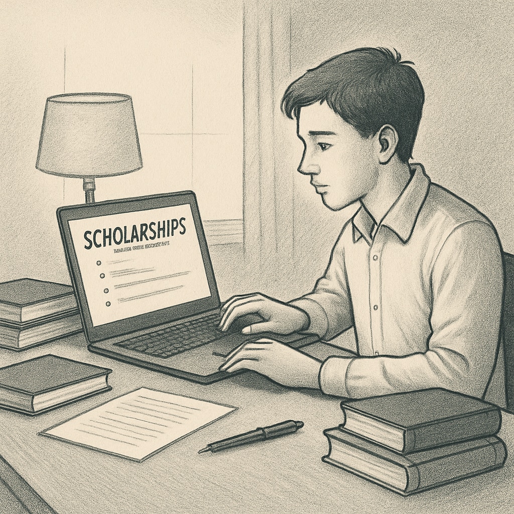 Student researching scholarship opportunities for AS level education affordability.