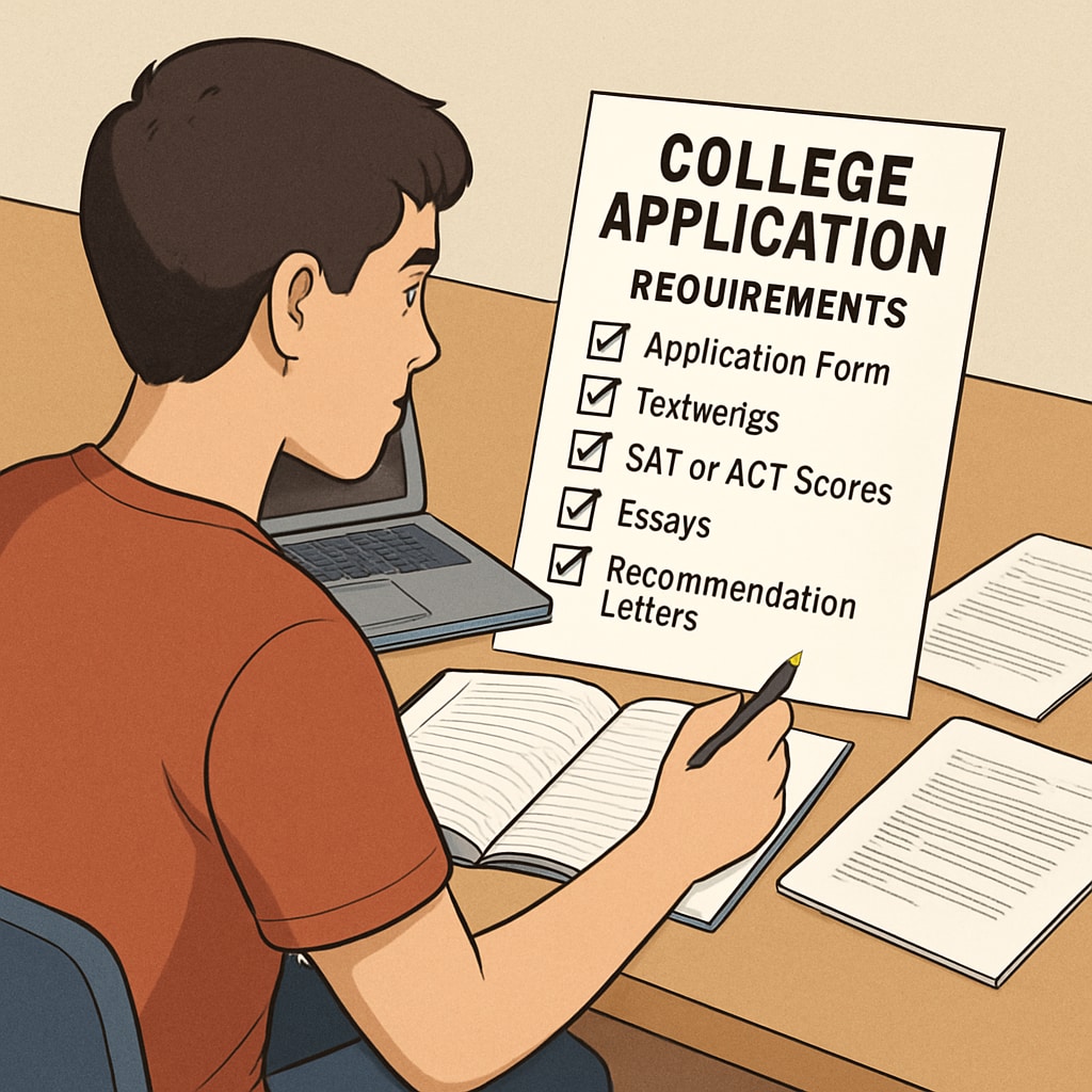 A high school student reviewing a checklist of college application requirements, sitting at a desk with notebooks and a laptop. High school student planning college application requirements.