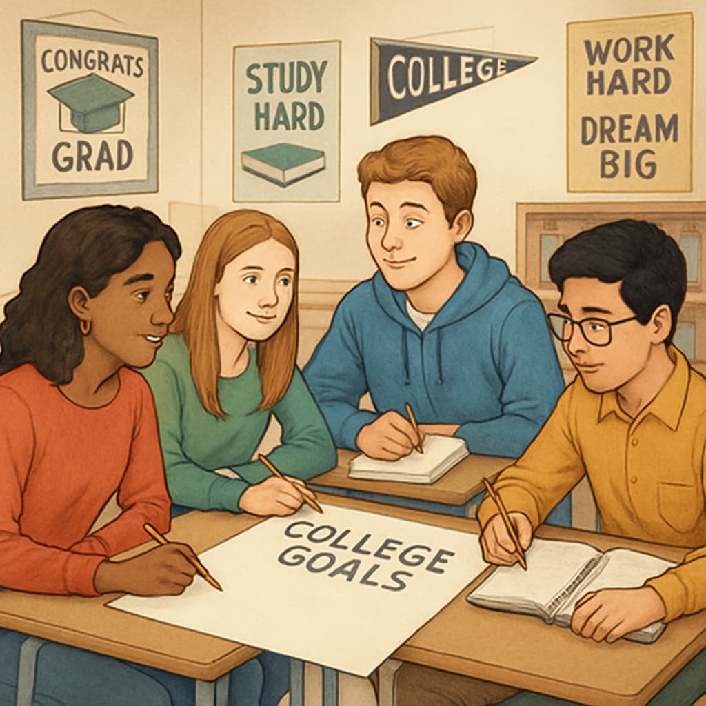 A group of high school freshmen brainstorming and planning college-related goals, sitting in a classroom with posters about academic achievements on the wall. High school freshmen planning college-related goals.
