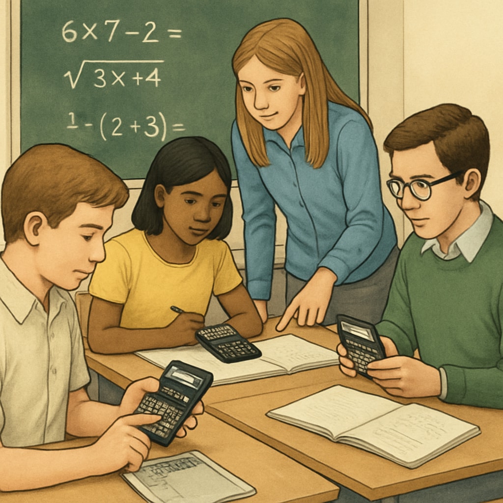 Students using RPN calculators in a classroom environment.
