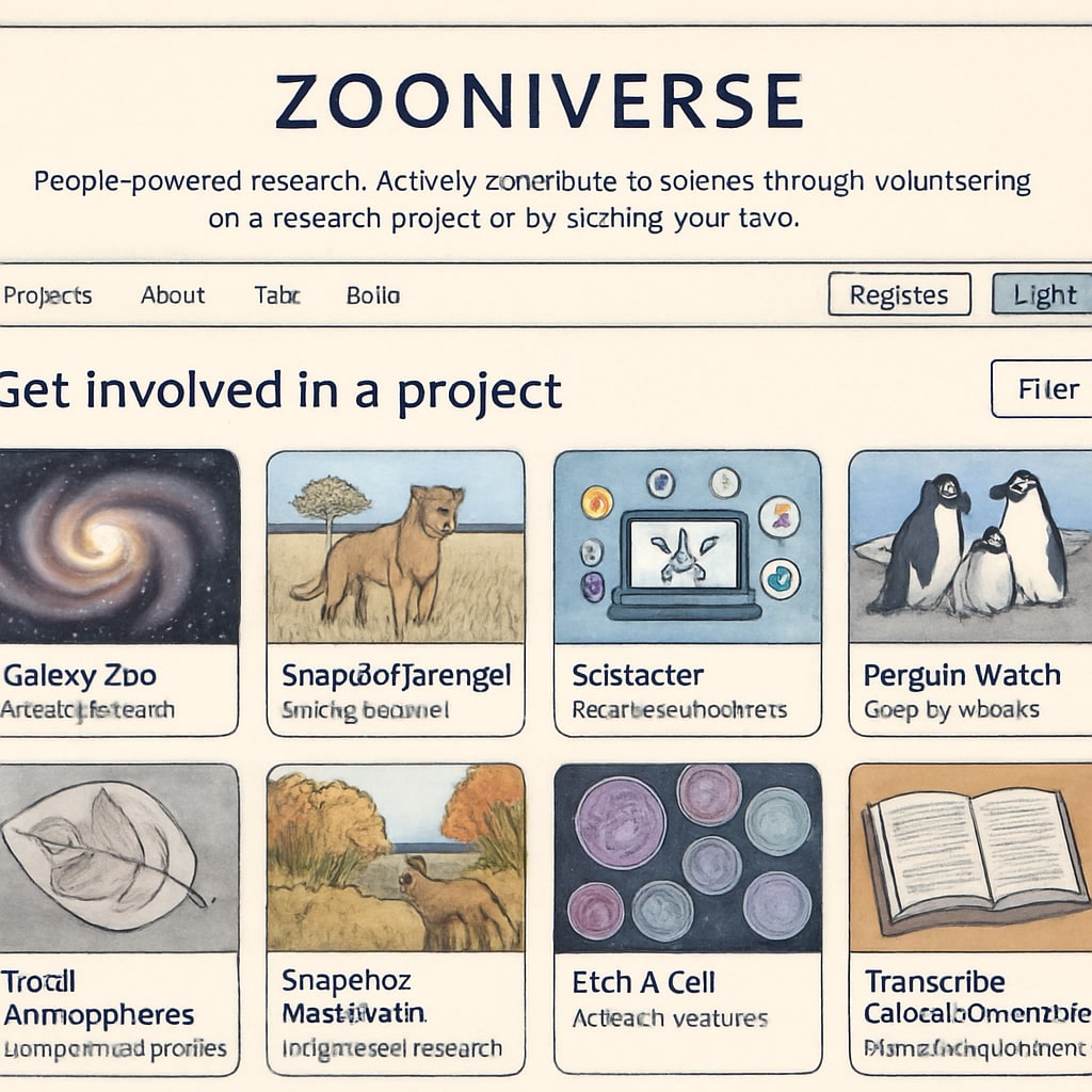 Zooniverse homepage showing citizen science projects for K12 students.