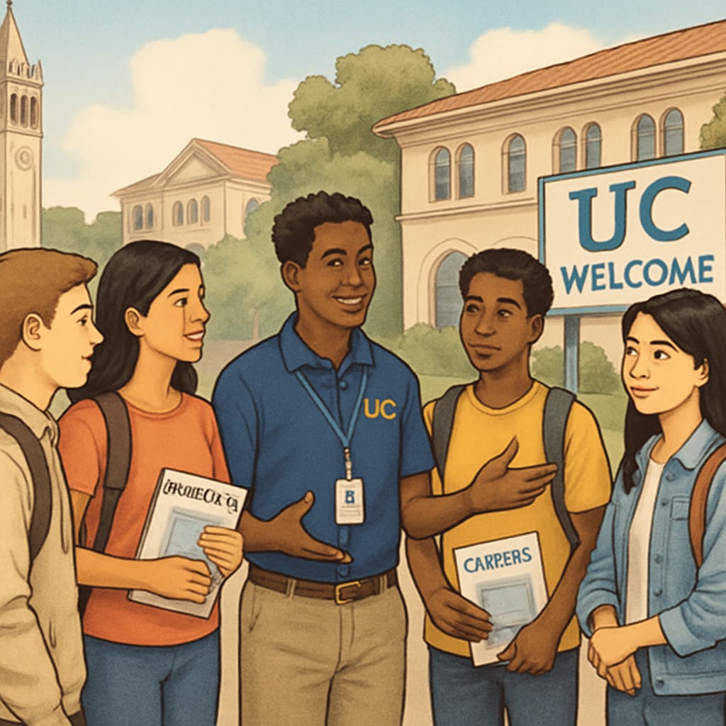 A group of high school students attending a University of California campus tour, engaging with a UC staff member about admissions and career options. High school students on a University of California campus tour discussing admissions and career options.