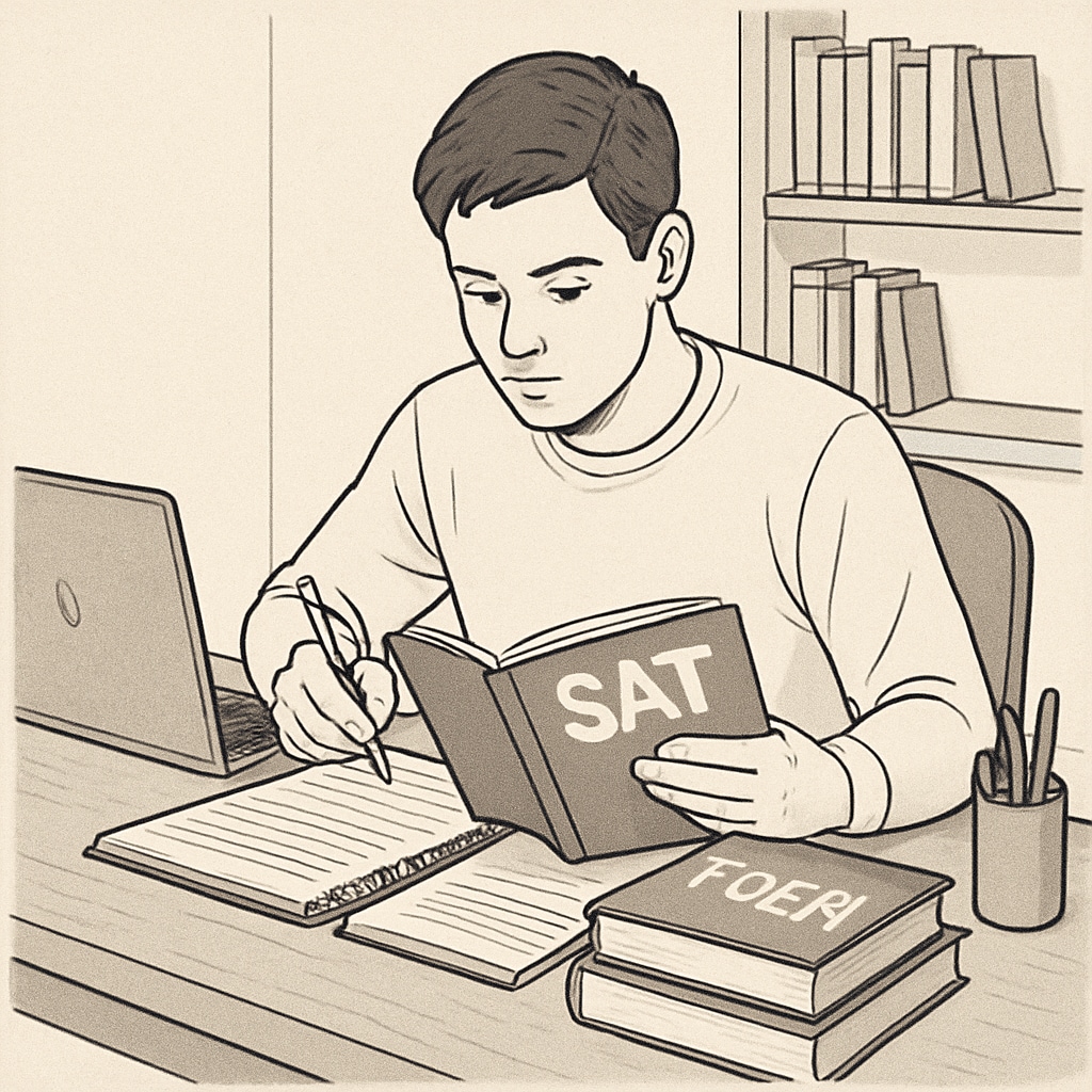 Student preparing for SAT or TOEFL exams to apply for U.S. universities.