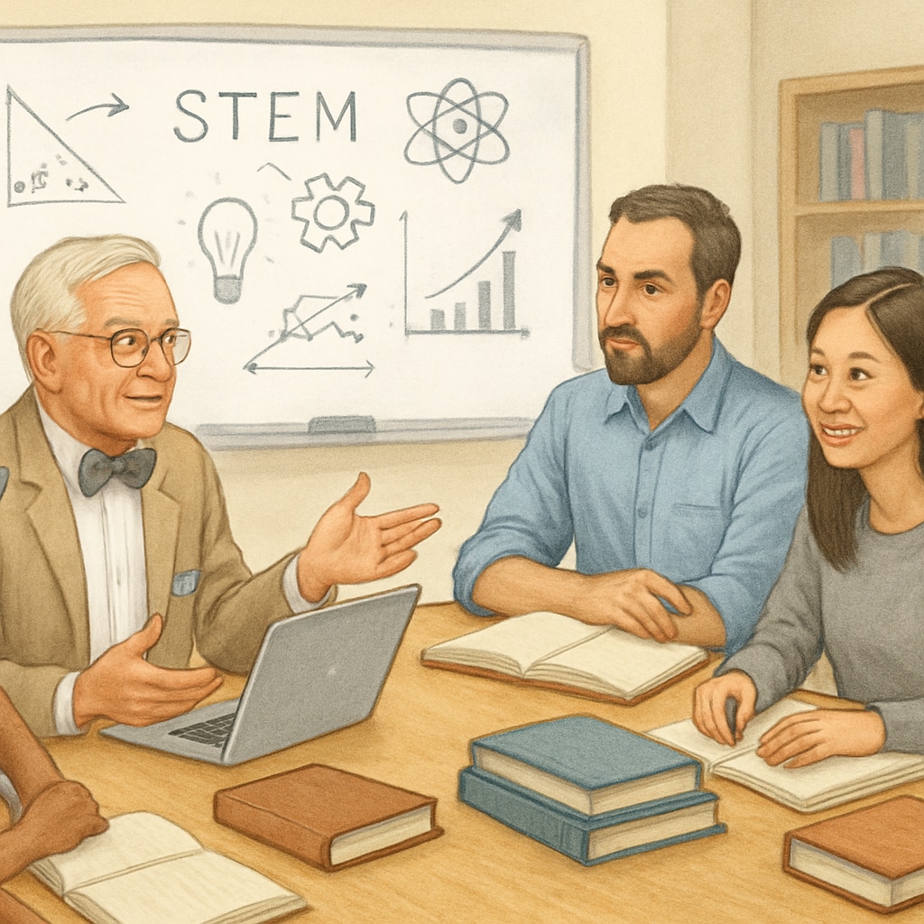 A group of educators discussing a STEM curriculum with a University of California professor in a brightly lit classroom. STEM curriculum discussion between educators and a University of California professor.