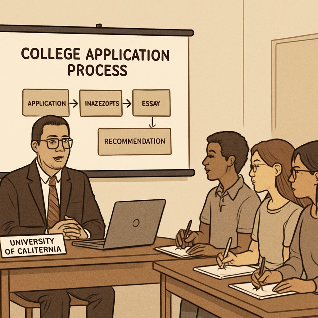 A University of California admissions officer conducting a webinar for high school students about the college application process. UC admissions officer hosting a webinar about college applications.