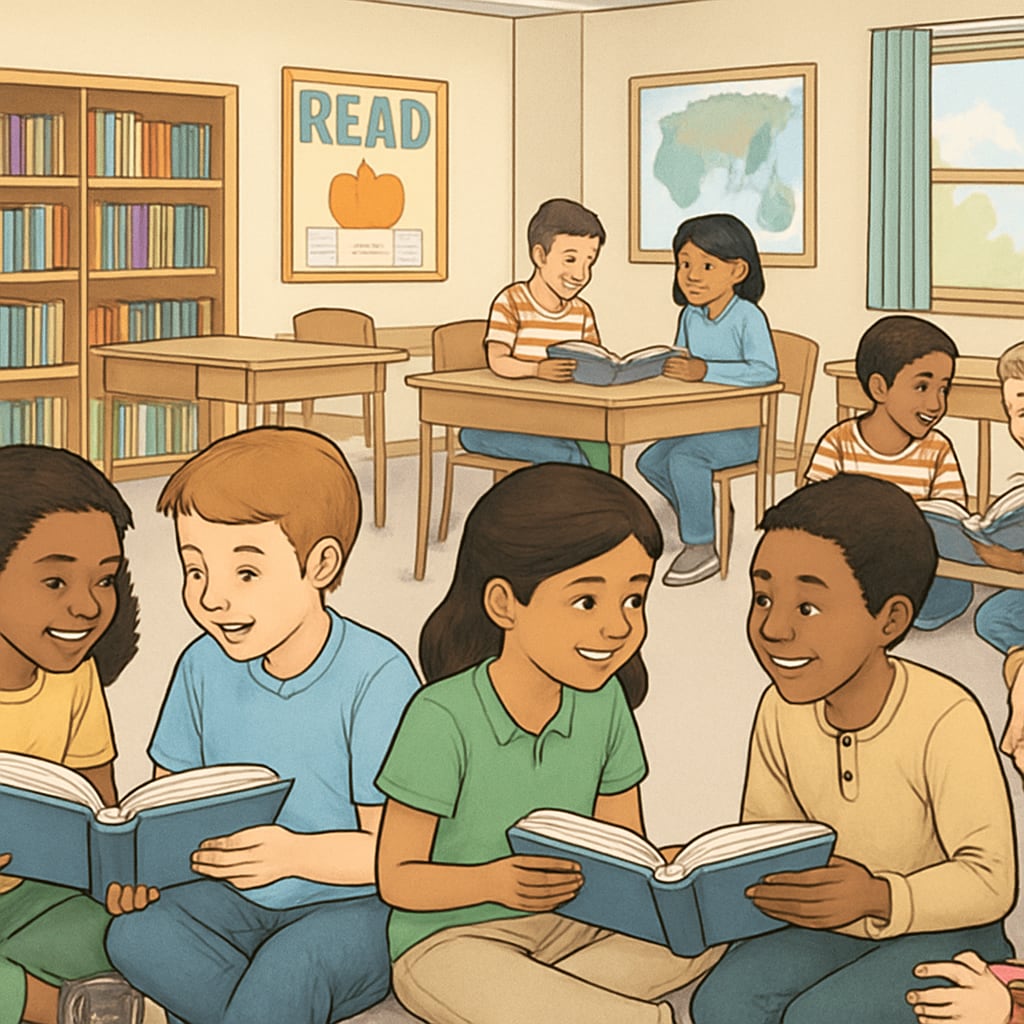 A classroom scene with students engaged in group reading activities, emphasizing collaboration and comprehension. Students in a fifth-grade classroom participating in group reading activities to improve reading comprehension.