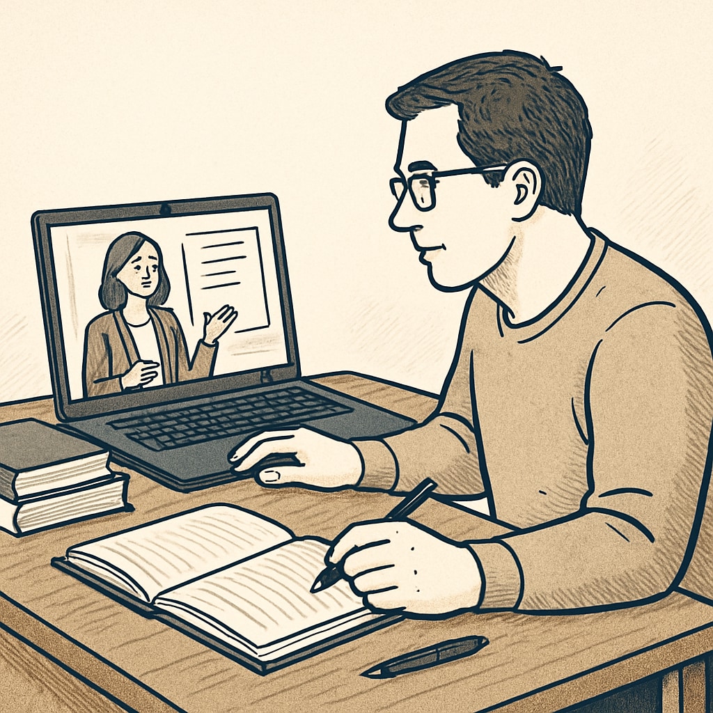 An adult learner attending an online class, showcasing the accessibility of modern education tools. Adult engaging in online learning.