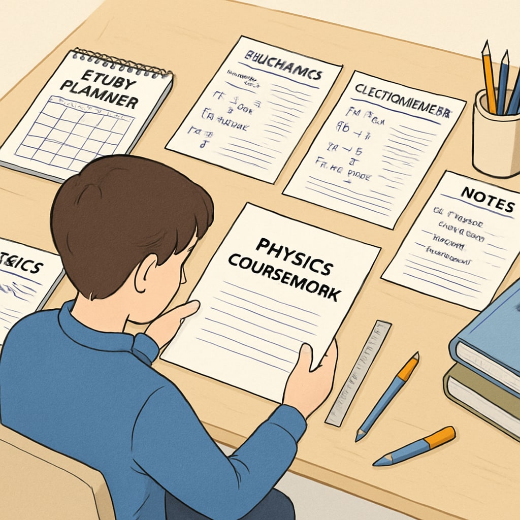 A student organizing physics coursework with notes and a study planner on a desk. A student managing BSc Physics backlogs with a planner and notes.