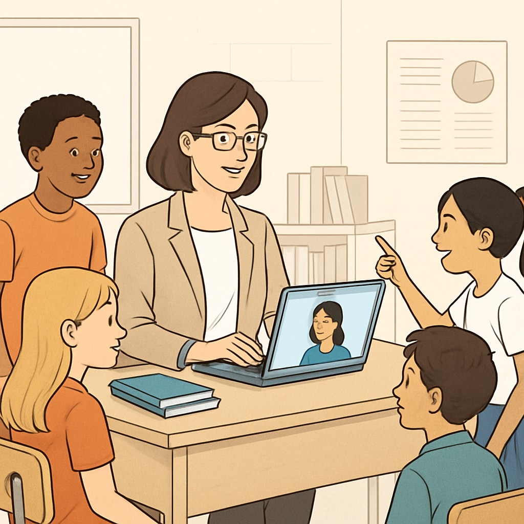 A visually engaging image of a teacher using a laptop while interacting with students, symbolizing online collaboration and digital learning. A teacher using a laptop to engage with students, representing online learning and collaboration.