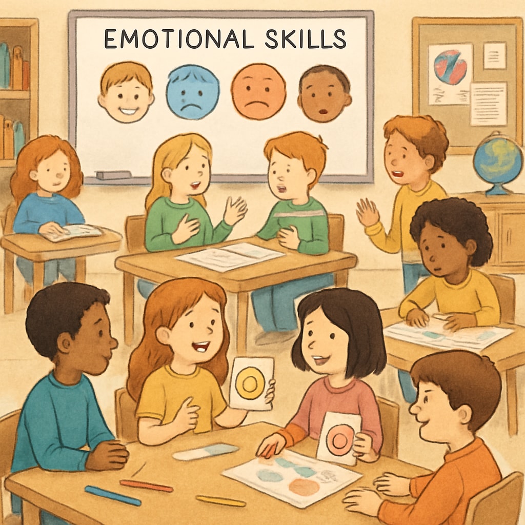 Children participating in an emotional education workshop in a classroom setting.