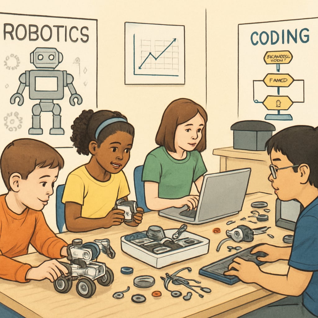 A classroom filled with students engaging in robotics and coding activities, showcasing the shift to STEM-focused education. STEM-focused education in a high school classroom.