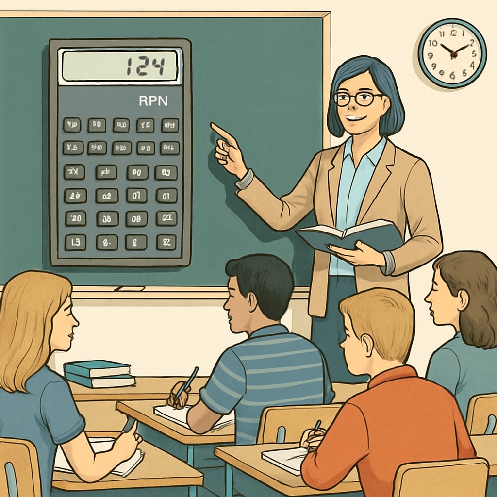 A teacher demonstrating the use of an RPN calculator to a group of high school students. A classroom scene showing a teacher explaining reverse Polish notation using an RPN calculator.