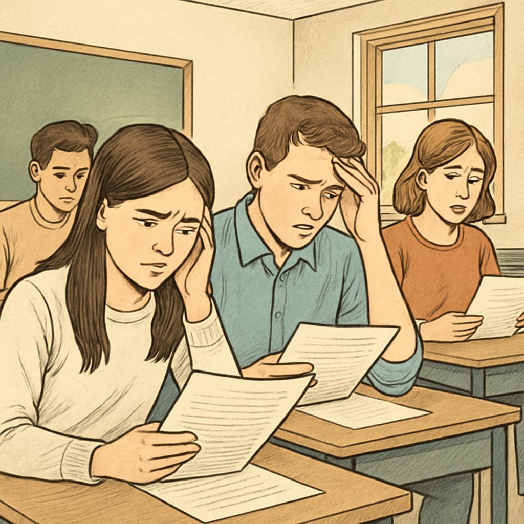 A group of teenagers sitting in a classroom, some looking worried while reviewing their exam papers. Students experiencing academic worries after receiving GCSE results.