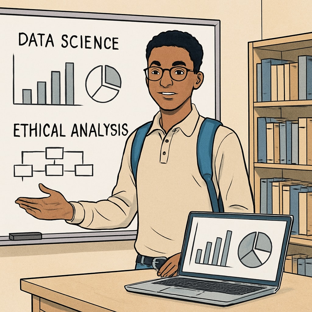 A high school student presenting a project that combines data science with ethical analysis, emphasizing interdisciplinary learning. Interdisciplinary STEM and humanities project presentation.