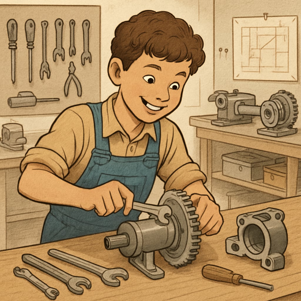 A young apprentice working on a mechanical project in a workshop, smiling as they learn hands-on skills. Apprentice gaining practical skills as an alternative to traditional GCSE-focused education.
