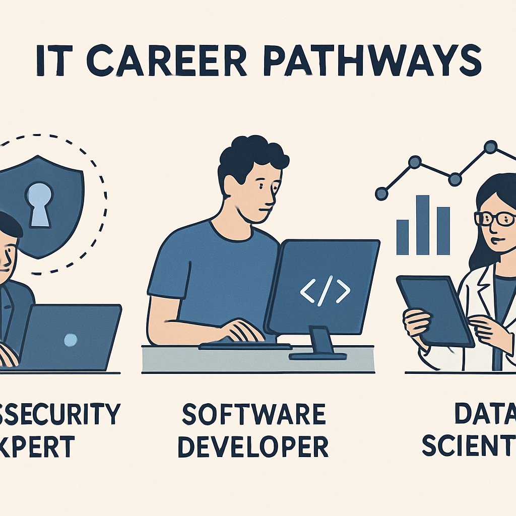 IT career pathways including cybersecurity, software development, and data science.