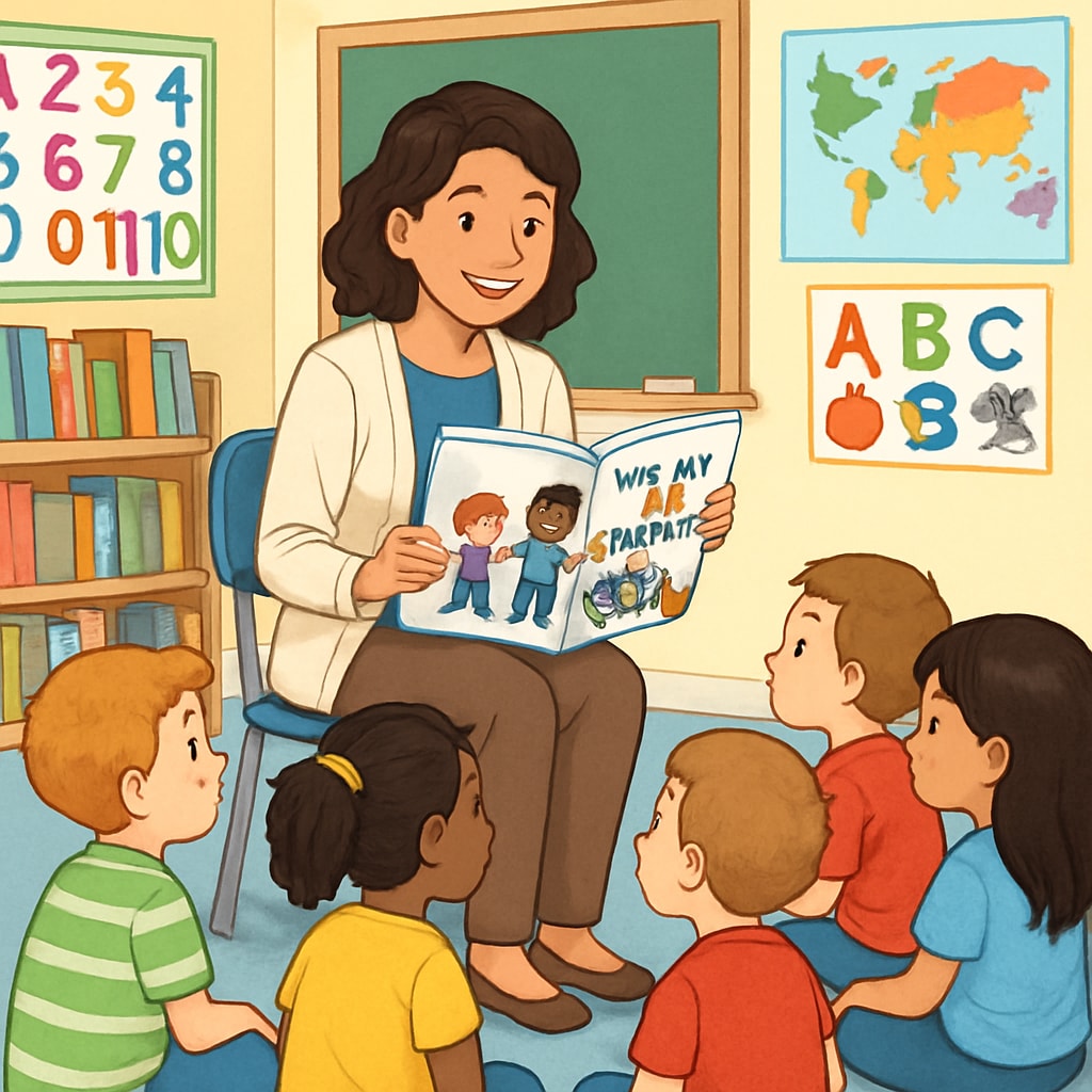 Teacher reading a storybook about diversity to first-grade children.