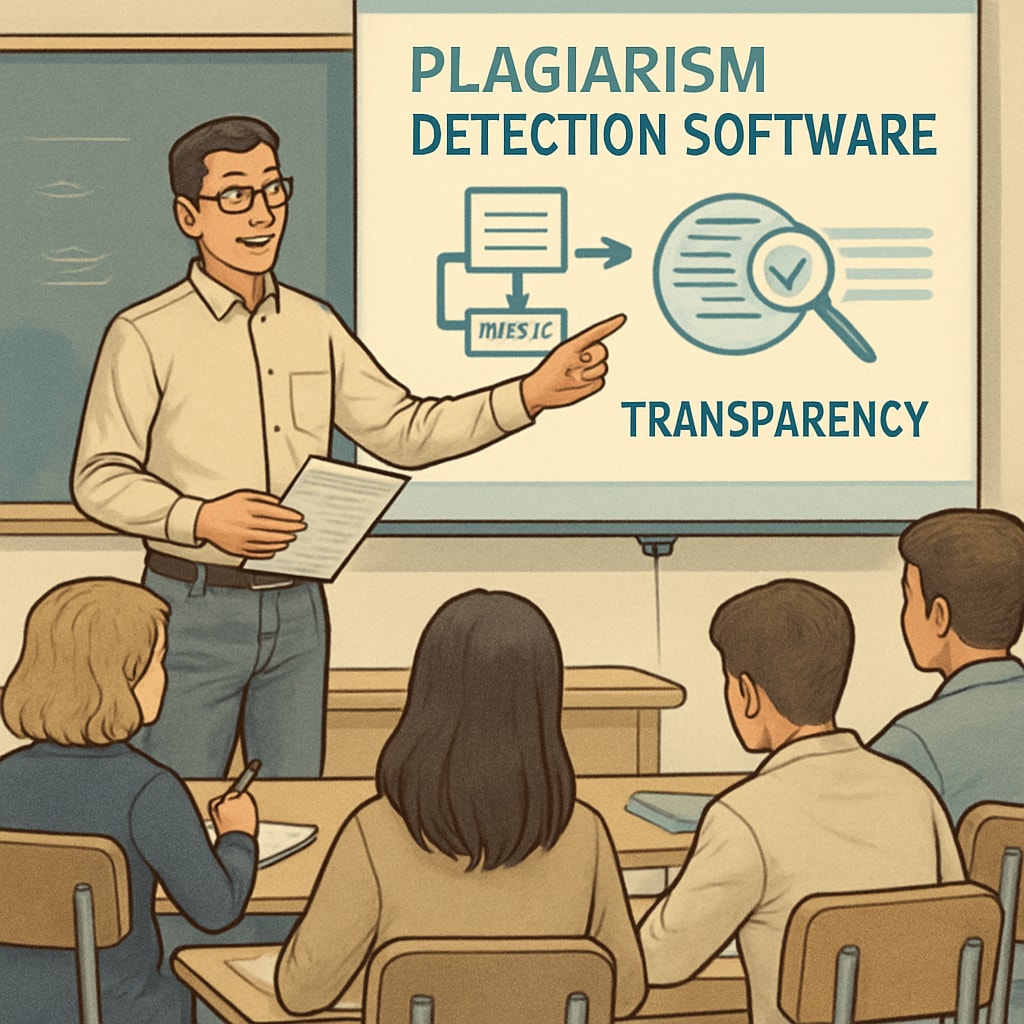 Educator demonstrating plagiarism detection software to students in a classroom setting.