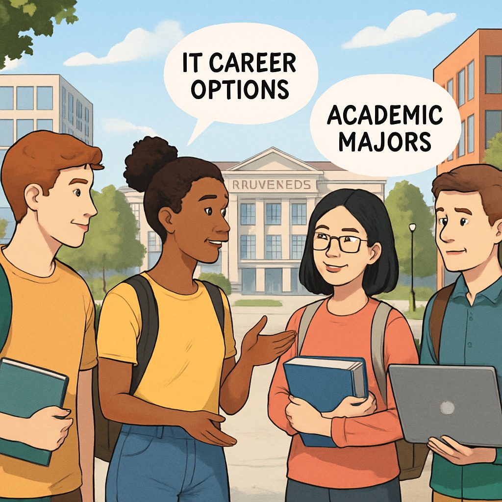 University students discussing IT career options and suitable majors.