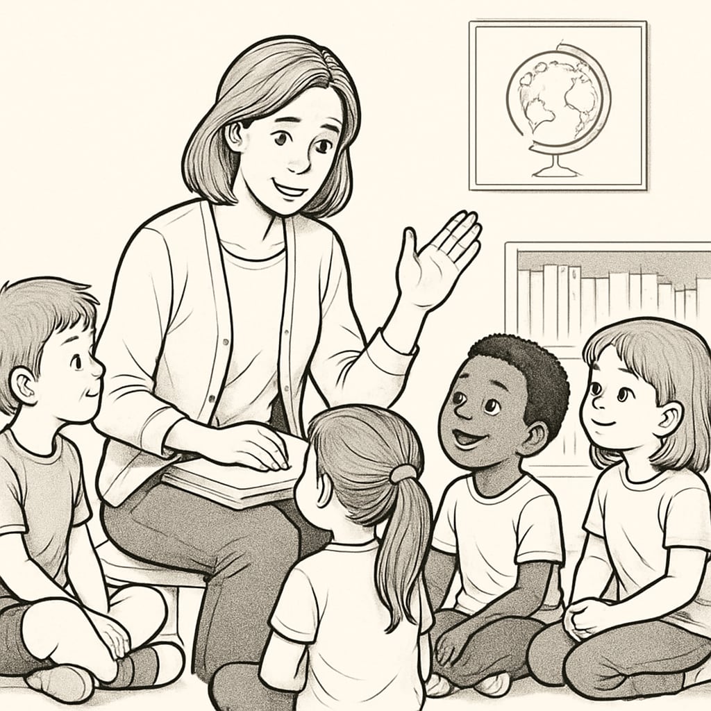 Children's educator engaging with kids, symbolizing education's role in shaping empathy.