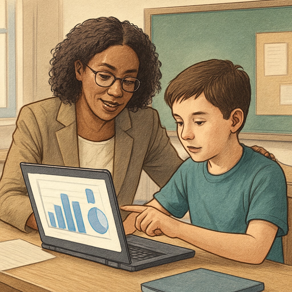 Teacher coaching a student using data-driven tools in a K12 setting.