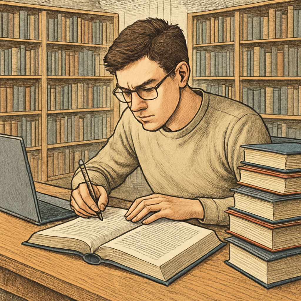 A student studying intently in a library, surrounded by books and a laptop. This image represents the research-focused nature of UK master's programs. UK master's degree research, student studying in a library.