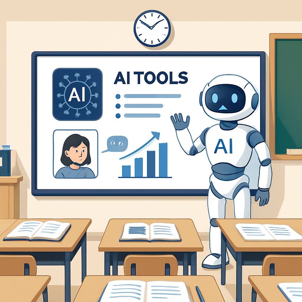 A modern classroom equipped with AI tools, showcasing an interactive learning platform AI tools in education enhancing classroom efficiency