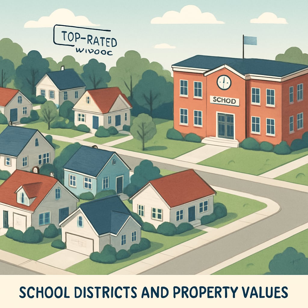 A suburban neighborhood with houses near a top-rated school, illustrating the connection between school districts and property values. Suburban neighborhood near a top-rated school emphasizing school district rankings and property values.