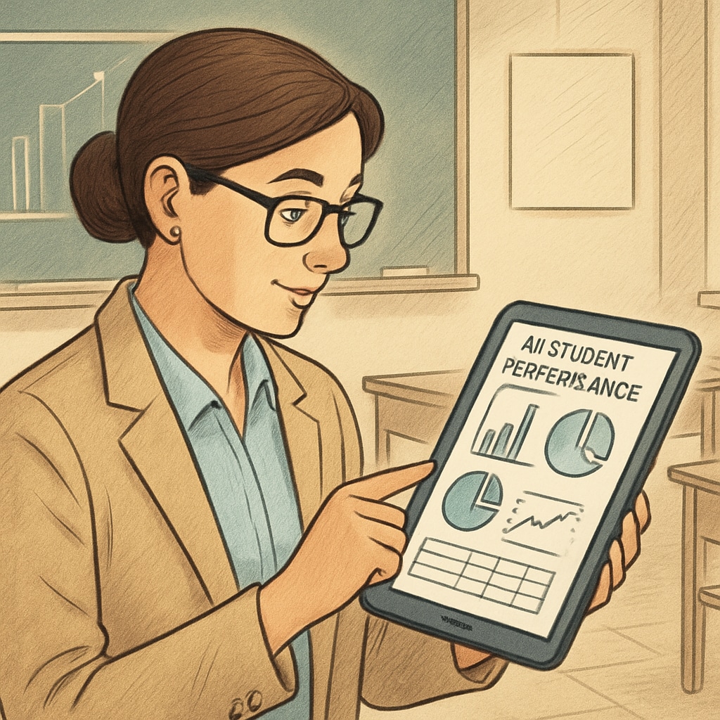A teacher reviewing AI-generated student performance analytics on a tablet Teacher using AI to analyze student data for improved learning outcomes