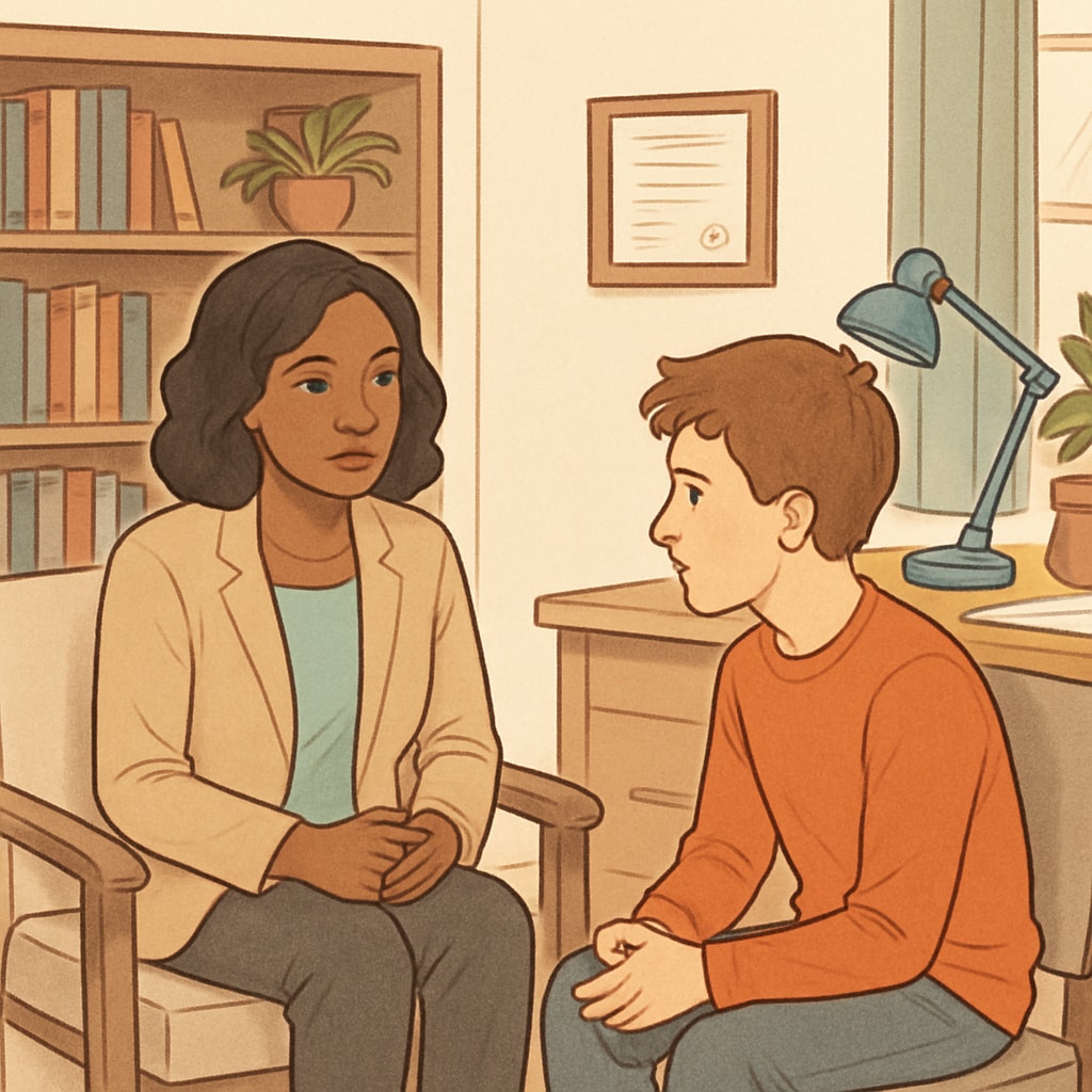 A school counselor speaking with a student in a welcoming office environment. School counselor working in a non-teaching role in education with school holidays.